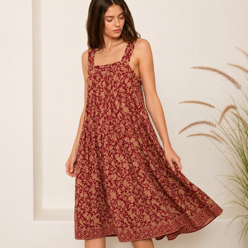 Natalie Martin Red Printed Silk Jasmine Tiered Midi Dress Size Medium